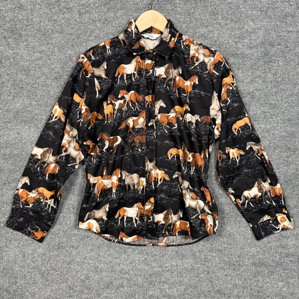 Vtg Roper Mens Size Small Button Up Shirt Black Brown Horse Print Long Sleeves